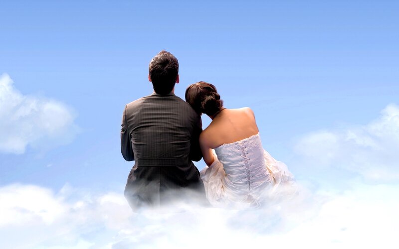 Couple in Wedding Attire — Blue, Serene, Afternoon, Photograph