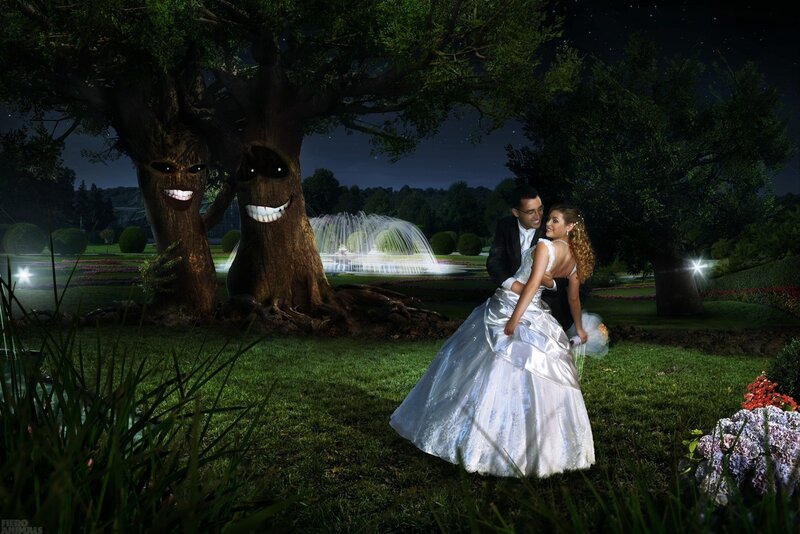 Couple in Wedding Attire — Green, Dramatic