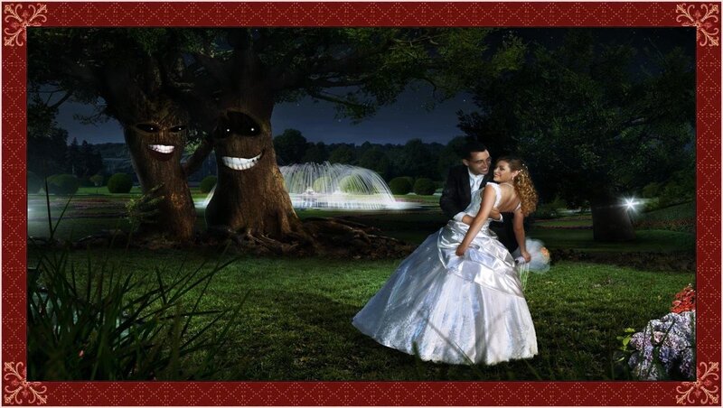 Couple in Wedding Attire — Green, Romantic, Night
