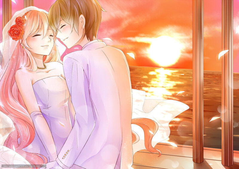 Couple in Wedding Attire — Orange, Romantic, Sunset, Anime