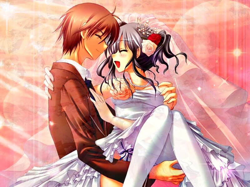 Couple in Wedding Attire — Pink, Romantic, Anime, Bride