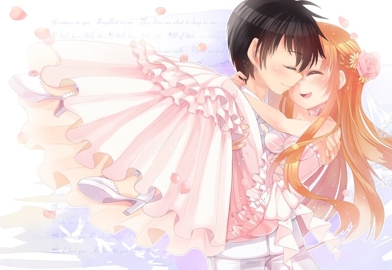 Couple in Wedding Attire — Pink, Romantic, Anime, Flowers