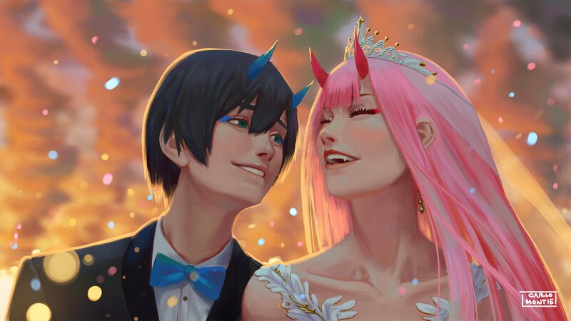 Couple in Wedding Attire — Pink, Romantic, Sunset, Digital Art
