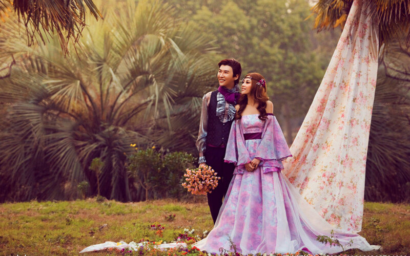 Couple in Wedding Attire — Purple, Romantic, Afternoon