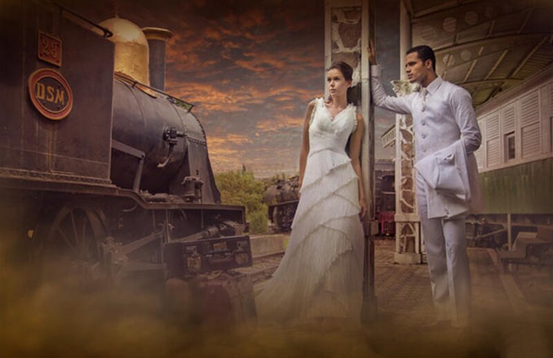Couple in Wedding Attire — White, Dramatic, Sunset