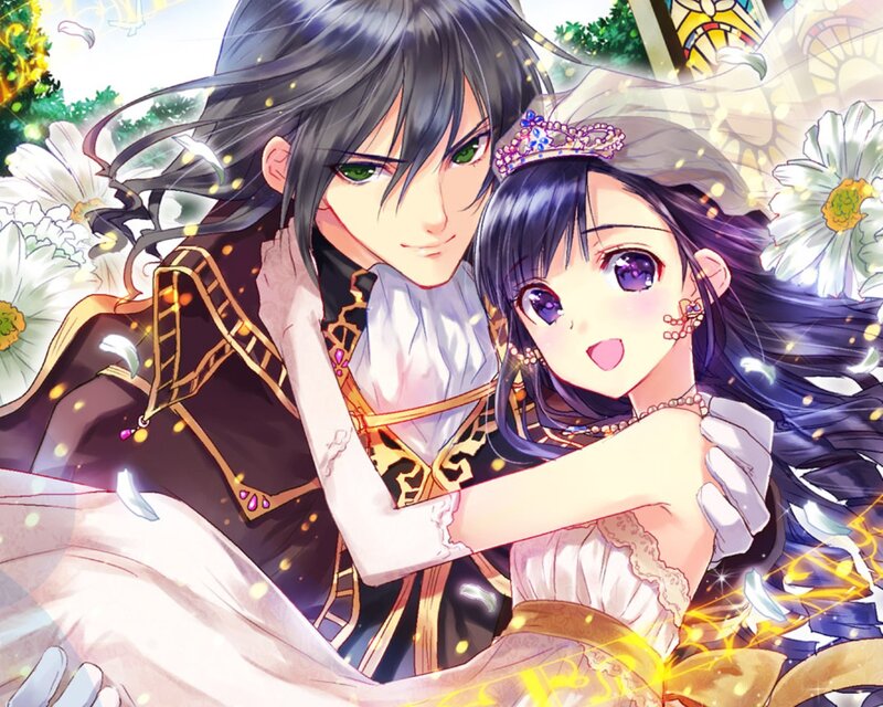 Couple in Wedding Attire — White, Romantic, Afternoon, Anime, Flowers