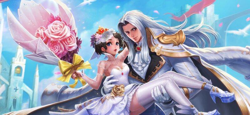 Couple in Wedding Attire — White, Romantic, Afternoon, Digital Art, Flowers