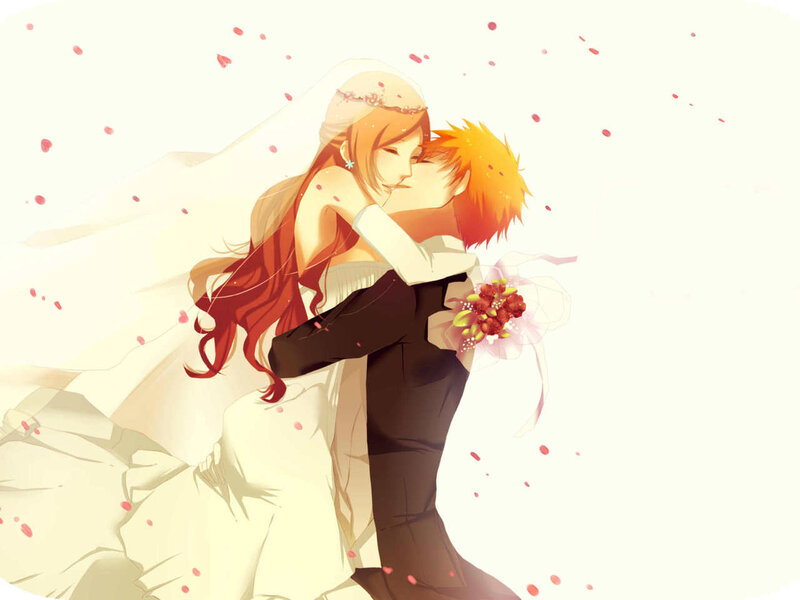 Couple in Wedding Attire — White, Romantic, Anime, Bride