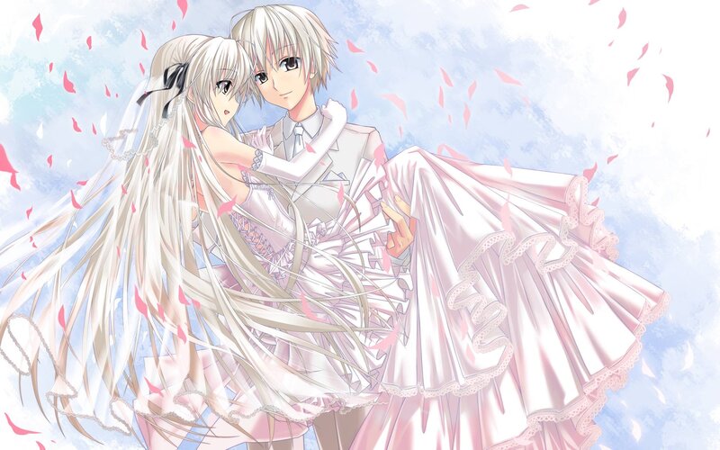 Couple in Wedding Attire — White, Romantic, Anime, Flower Petals