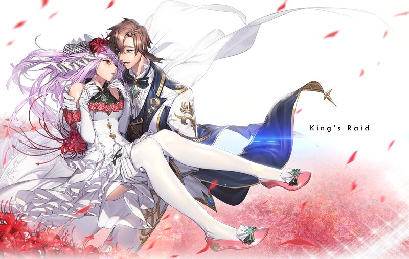 Couple in Wedding Attire — White, Romantic, Anime, Flowers, Petals