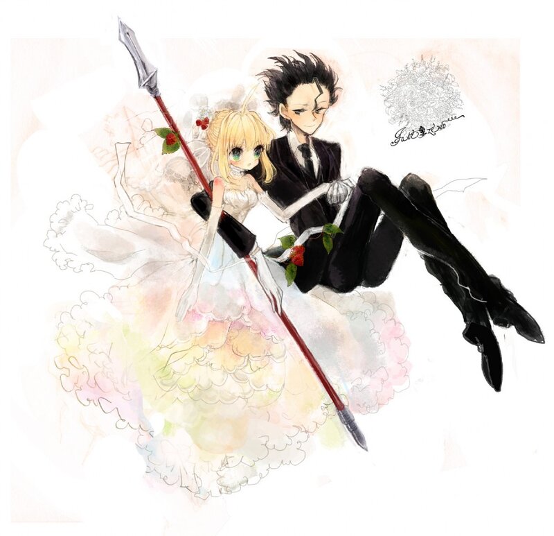 Couple in Wedding Attire — White, Romantic, Anime, Sword