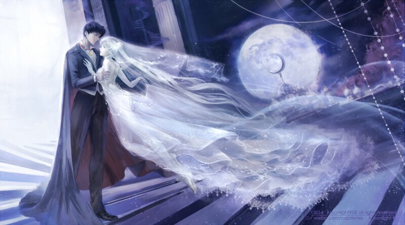 Couple in Wedding Attire — White, Romantic, Night, Digital Art