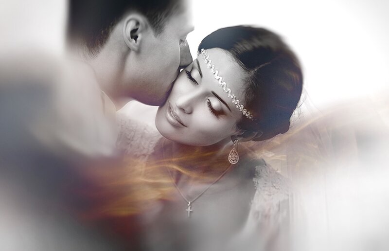 Couple in Wedding Attire — White, Romantic, Photograph, Veil, Headpiece