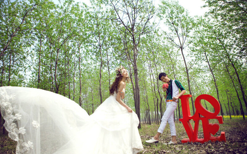 Couple in Wedding Attire — White, Romantic, Spring, Photograph