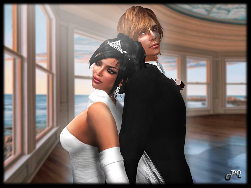 Couple in Wedding Attire — White, Romantic, Sunset, 3d Render