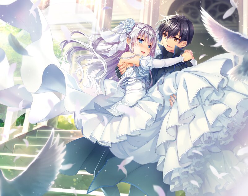Couple in Wedding Attire — White, Serene, Afternoon, Anime, Wings