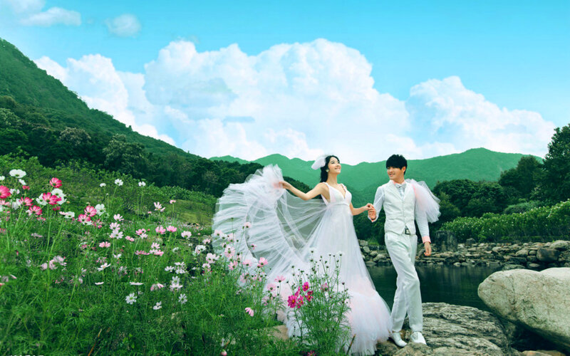 Couple in Wedding Attire — White, Serene, Afternoon, Photograph