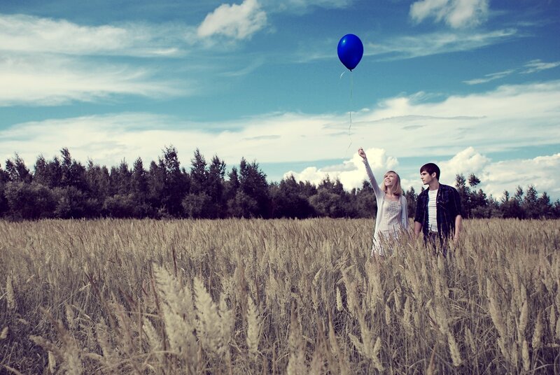 Couple in Wheat Field — Blue, Serene, Afternoon, Photograph, Balloon