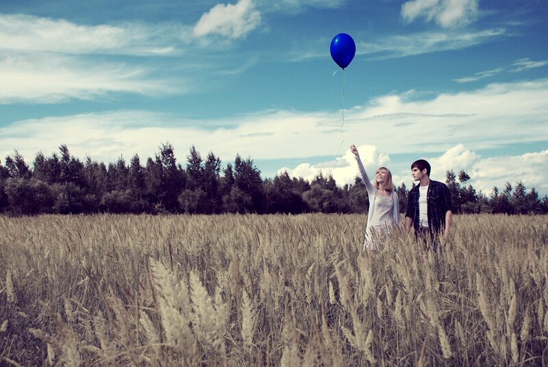 Couple in Wheat Field — Blue, Serene, Afternoon, Photograph, Balloon, Trees