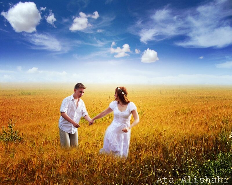 Couple in Wheat Field — Blue, Serene, Afternoon, Photograph