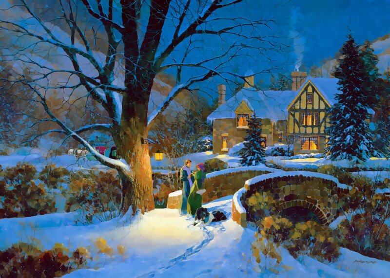 Couple in Winter Landscape — Blue, Serene, Night