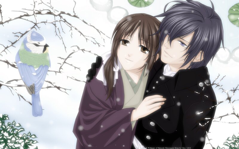 Couple in Winter — White, Serene, Anime, Bird, Snow