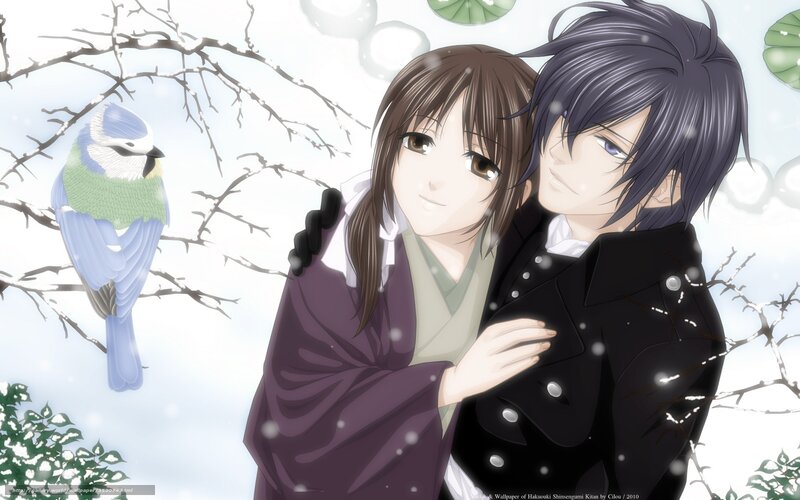 Couple in Winter — White, Serene, Anime, Bird
