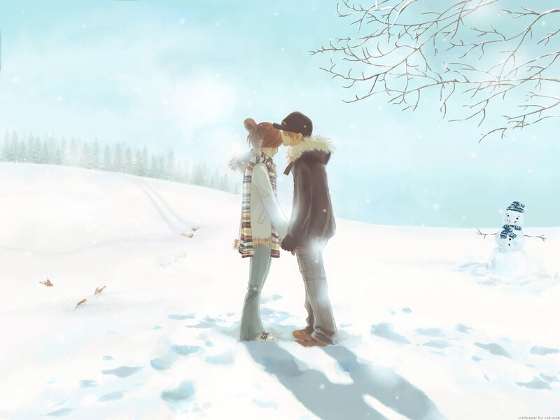 Couple in Winter — White, Serene, Anime, Snowman