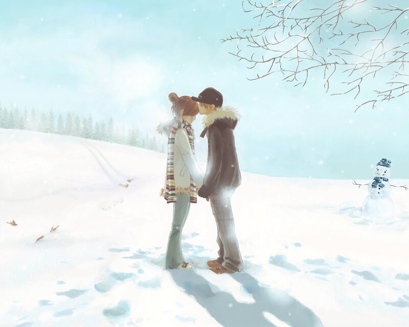 Couple in Winter — White, Serene, Digital Art, Snowman