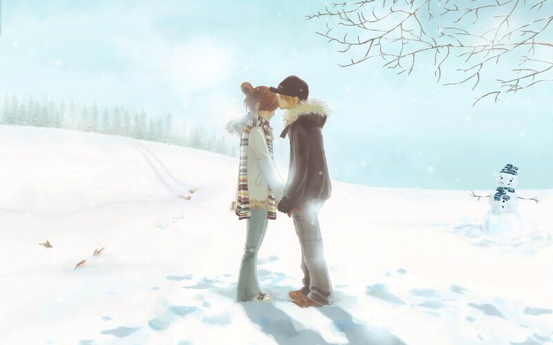Couple in Winter — White, Serene, Digital Art, Snowman, Trees, Birds
