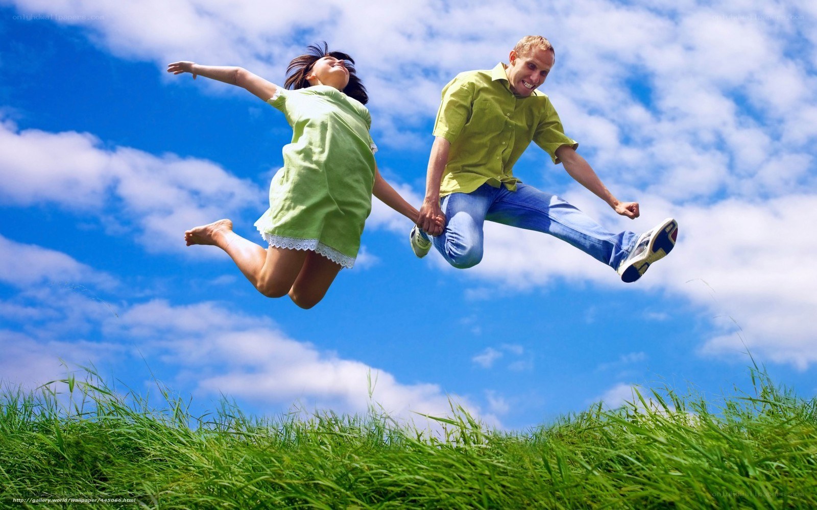 Couple jumping in a field