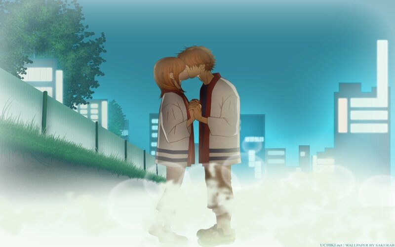 Couple Kissing at Night — Blue, Romantic, Anime, City Skyline, Tree