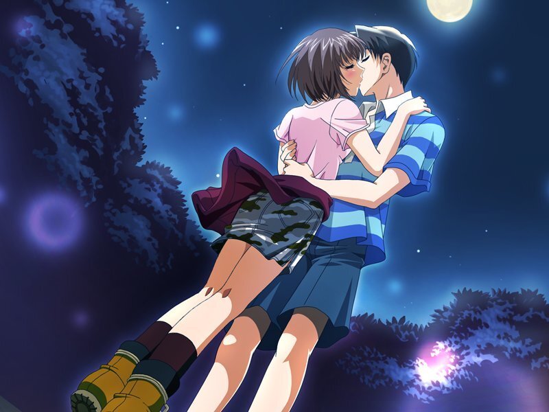 Couple Kissing at Night — Blue, Romantic, Anime, Moon, Trees