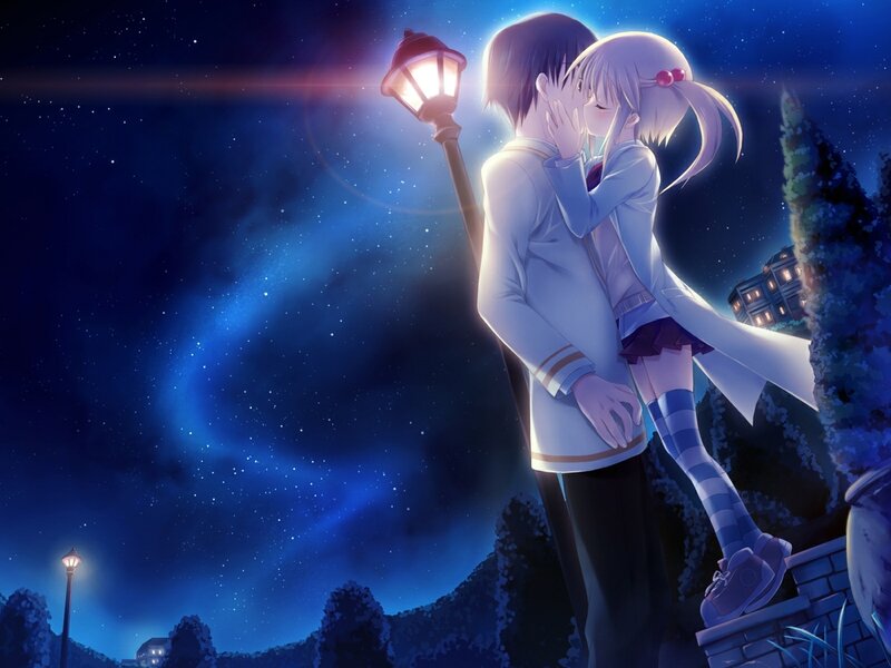 Couple Kissing at Night — Blue, Romantic, Anime