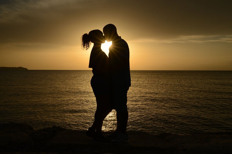 Couple Kissing at Sunset — Gold, Romantic, Photograph, Ocean