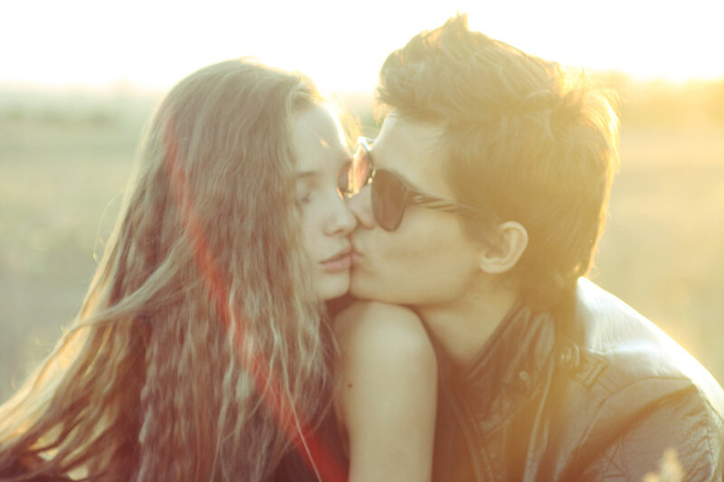 Couple Kissing at Sunset — Gold, Romantic, Photograph