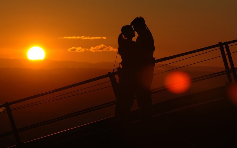 Couple Kissing at Sunset — Orange, Romantic, Photograph, Sun