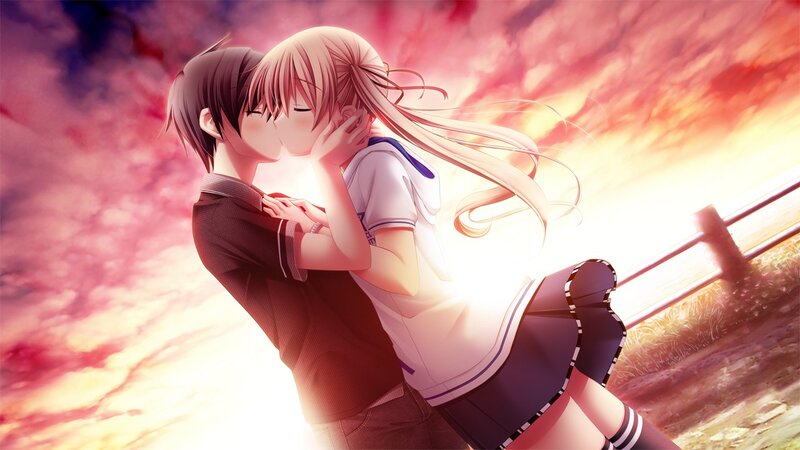 Couple Kissing at Sunset — Pink, Romantic, Anime, School Uniform
