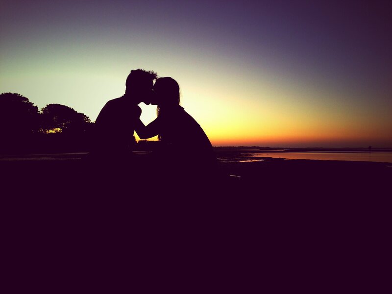Couple Kissing at Sunset — Purple, Romantic, Photograph