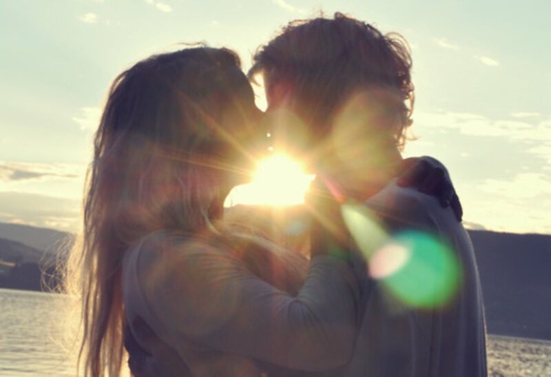 Couple Kissing at Sunset — Yellow, Romantic, Photograph, Sun