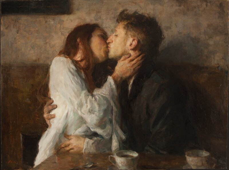 Couple Kissing at Table — Brown, Intimate