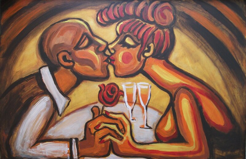 Couple Kissing at Table — Brown