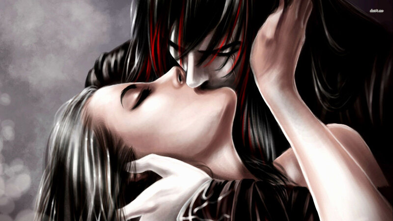 Couple Kissing — Black, Dramatic, Digital Art, Long Hair