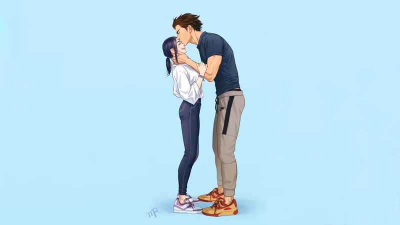 Couple Kissing — Blue, Romantic, Digital Art, Man, Woman