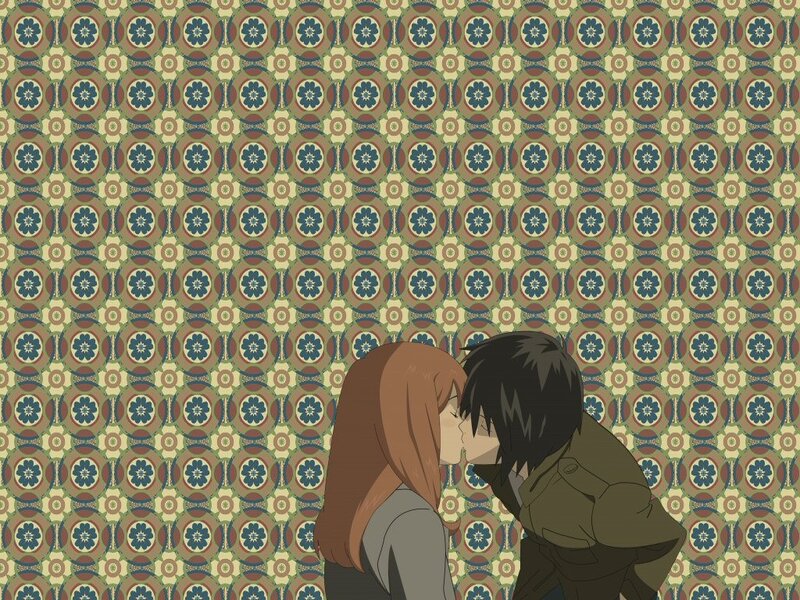 Couple Kissing — Brown, Romantic, Anime, Patterned Wall