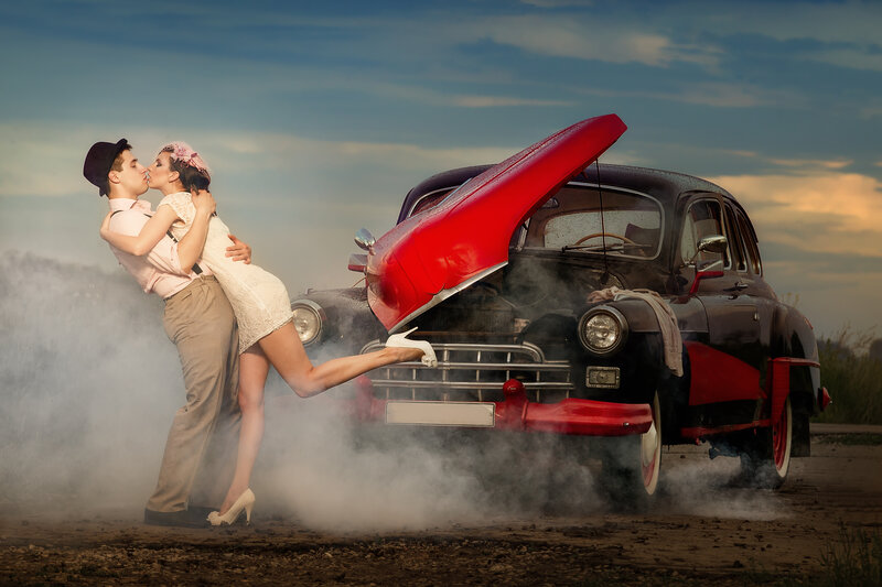 Couple Kissing by Car — Red