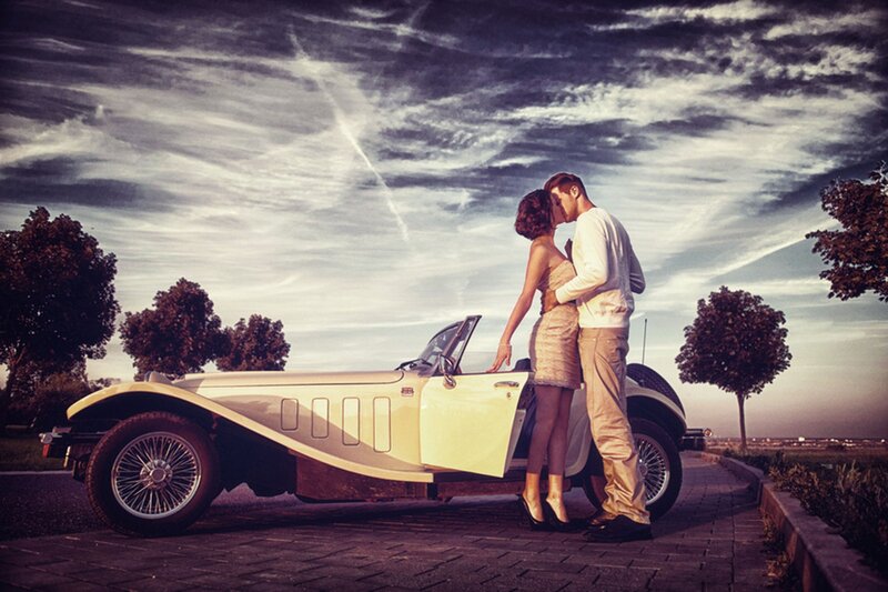 Couple Kissing by Car — White