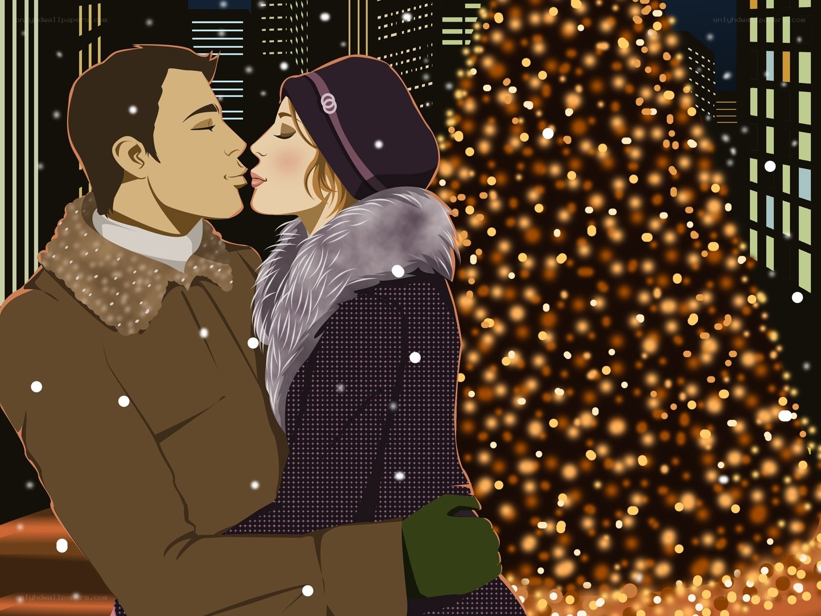 couple kissing by christmas tree