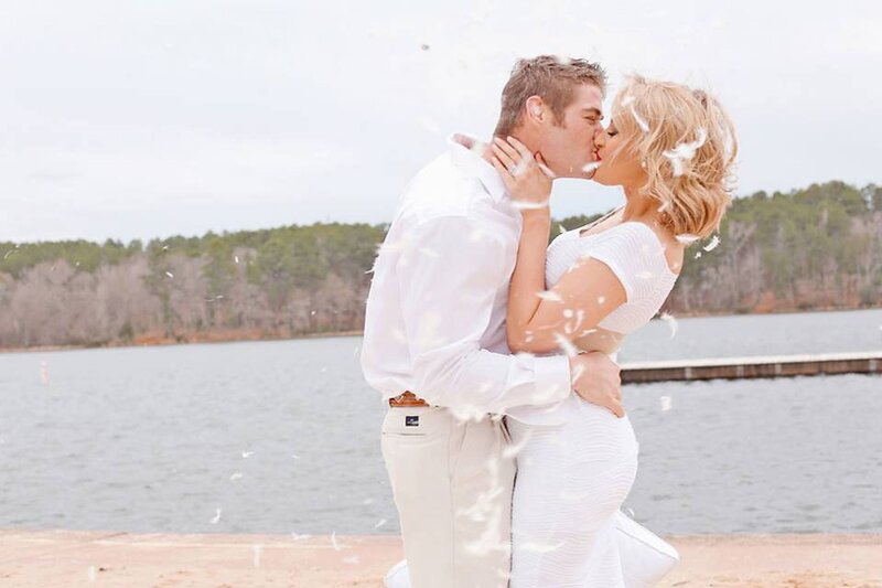 Couple Kissing by Lake — White