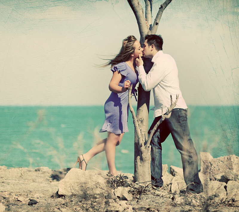 Couple Kissing by Sea — Blue, Romantic